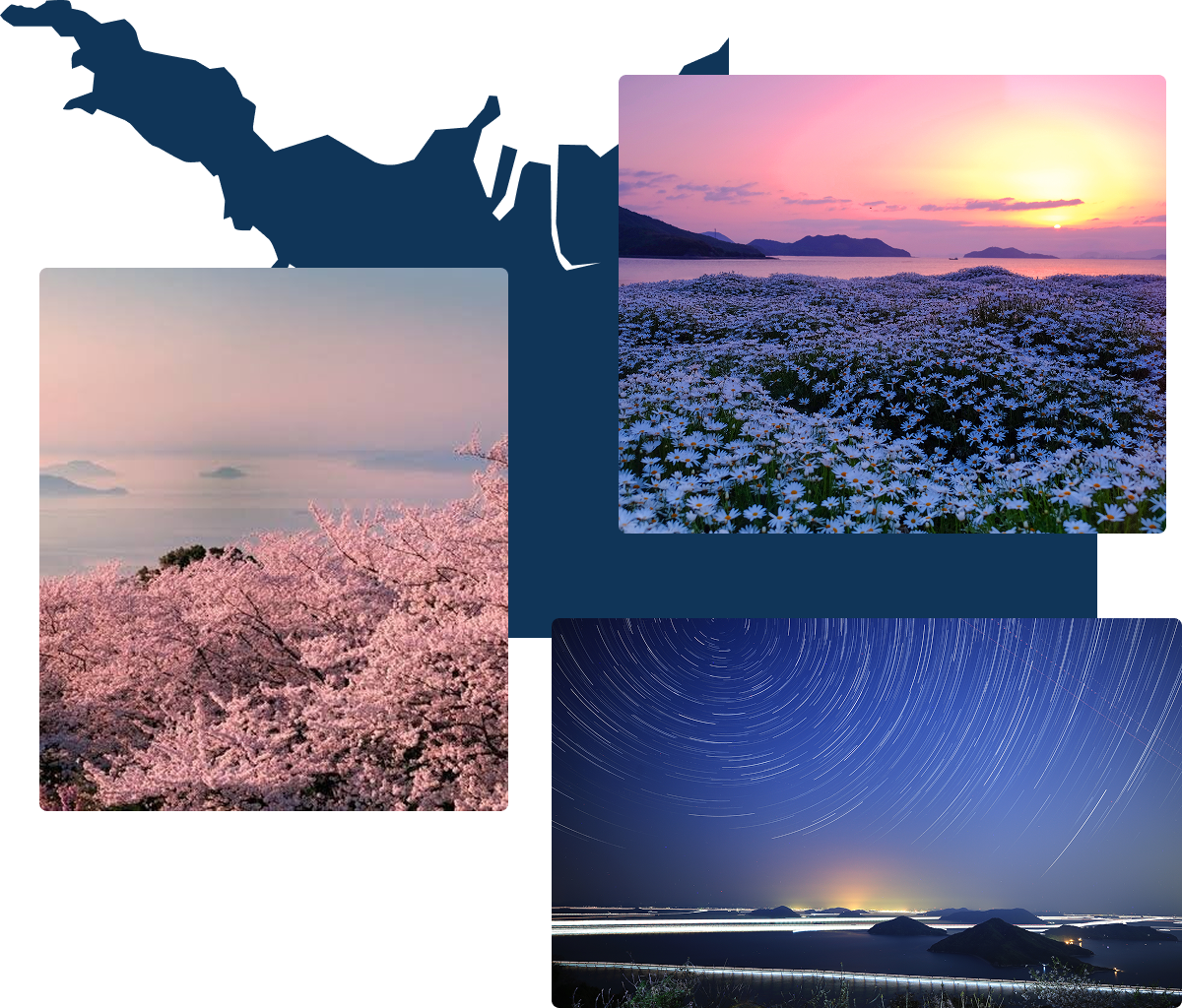 満開の桜と島影／夕日に映える島影と花畑／星空と島影
